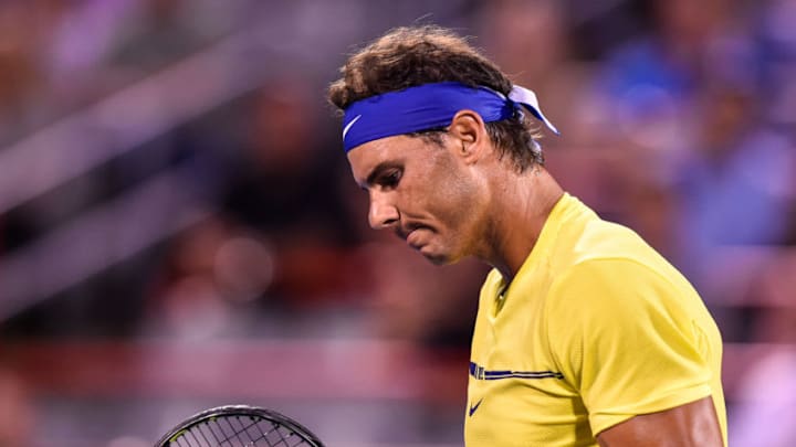 MONTREAL, QC - AUGUST 10: Rafael Nadal of Spain reacts after scoring a point against Denis Shapovalov of Canada during day seven of the Rogers Cup presented by National Bank at Uniprix Stadium on August 10, 2017 in Montreal, Quebec, Canada. (Photo by Minas Panagiotakis/Getty Images)