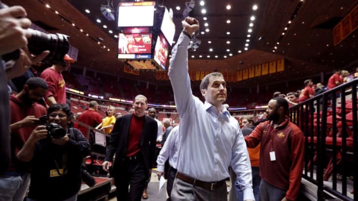 AMES, IA - DECEMBER 10: Head coach Steve Prohm of the Iowa State Cyclones celebrates for team win 83-82 over the Iowa Hawkeyes in the second half of play at Hilton Coliseum on December 10, 2015 in Ames, Iowa. Iowa State defeated Iowa 83-82. (Photo by David Purdy/Getty Images)