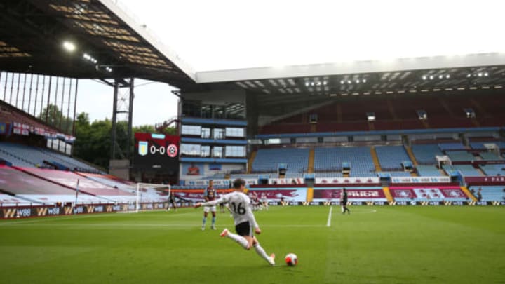 BIRMINGHAM, ENGLAND – JUNE 17: General view inside the empty stadium as Ollie Norwood of Sheffield United takes a free kick during the Premier League match between Aston Villa and Sheffield United at Villa Park on June 17, 2020 in Birmingham, United Kingdom. (Photo by Marc Atkins/Getty Images)