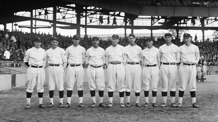 Washington Senators, Major League Baseball Team, Team Portrait with Walter Johnson (center), Griffith Stadium, Washington DC, USA, circa 1924. (Photo by: Universal History Archive/UIG via Getty Images)