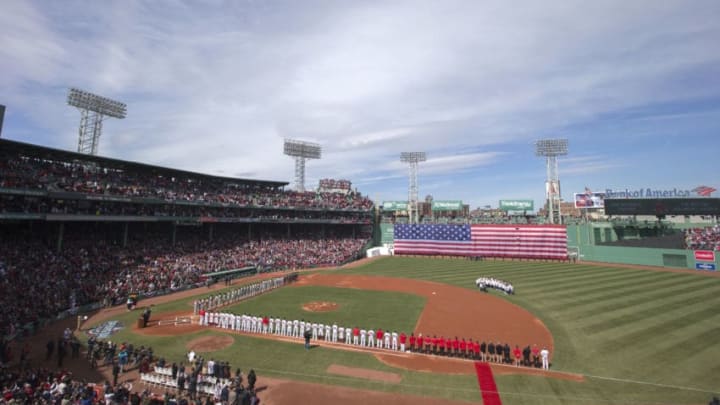 BOSTON – APRIL 3: Jets fly over Fenway Park during pre-game ceremonies on Opening Day at Fenway Park in Boston on Apr. 3, 2017. (Photo by Stan Grossfeld/The Boston Globe via Getty Images)
