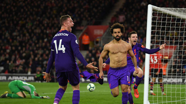 SOUTHAMPTON, ENGLAND - APRIL 05: Mohamed Salah of Liverpool celebrates with Andrew Robertson and Jordan Henderson of Liverpool5 during the Premier League match between Southampton FC and Liverpool FC at St Mary's Stadium on April 05, 2019 in Southampton, United Kingdom. (Photo by Mike Hewitt/Getty Images)