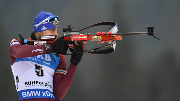 Russia's Anton Shipulin shoots during the warm-up shooting prior the men's 15 kilometer mass start competition at the Biathlon World Cup on January 14, 2018 in Ruhpolding, southern Germany. / AFP PHOTO / CHRISTOF STACHE (Photo credit should read CHRISTOF STACHE/AFP/Getty Images)