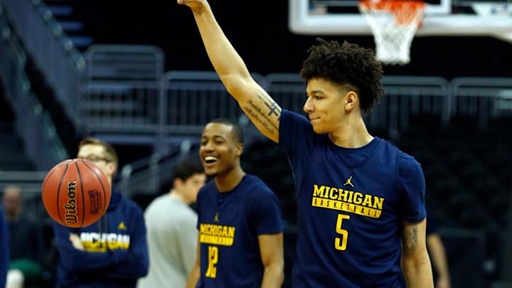 Mar 22, 2017; Kansas City, MO, USA; Michigan Wolverines forward D.J. Wilson (5) during practice the day before the Midwest Regional semifinals of the 2017 NCAA Tournament at Sprint Center. Mandatory Credit: Jay Biggerstaff-USA TODAY Sports