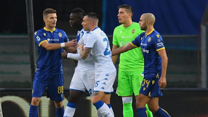 VERONA, ITALY - NOVEMBER 03: Mario Balotelli #45 of Brescia Calcio reacts to racist chants from Verona fans during the Serie A match between Hellas Verona and Brescia Calcio at Stadio Marcantonio Bentegodi on November 3, 2019 in Verona, Italy. (Photo by Alessandro Sabattini/Getty Images)
