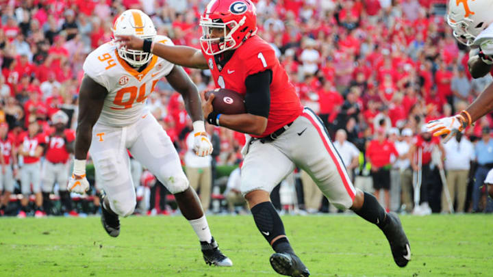 ATHENS, GA - SEPTEMBER 29: Justin Fields #1 of the Georgia Bulldogs carries the ball for a touchdown against the Tennessee Volunteers on September 29, 2018 at Sanford Stadium in Athens, Georgia. (Photo by Scott Cunningham/Getty Images)