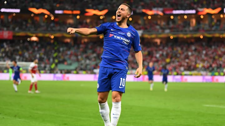 BAKU, AZERBAIJAN - MAY 29: Eden Hazard of Chelsea celebrates after scoring his team's fourth goal during the UEFA Europa League Final between Chelsea and Arsenal at Baku Olimpiya Stadionu on May 29, 2019 in Baku, Azerbaijan. (Photo by Michael Regan/Getty Images)