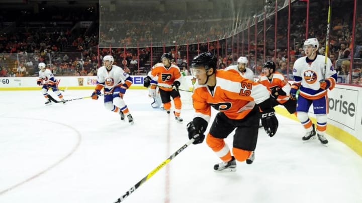 Sep 27, 2016; Philadelphia, PA, USA; Philadelphia Flyers center Nick Cousins (52) chases after the puck against the New York Islanders during the third period during a preseason hockey game at Wells Fargo Center. The Flyers defeated the Islanders, 4-0. Mandatory Credit: Eric Hartline-USA TODAY Sports