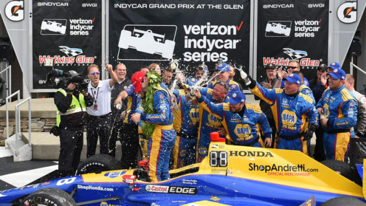 WATKINS GLEN, NY - SEPTEMBER 03: Alexander Rossi, driver of the #98 NAPA Auto Parts/Curb Andretti Herta Autosport with Curb-Agajanian Honda, celebrates with his crew members in victory lane after winning the INDYCAR Grand Prix at The Glen at Watkins Glen International on September 3, 2017 in Watkins Glen, New York. (Photo by Rich Barnes/Getty Images)