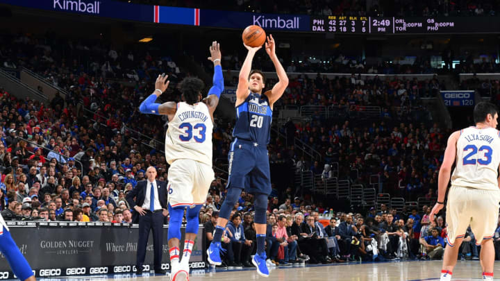 PHILADELPHIA, PA – APRIL 8: Doug McDermott #20 of the Dallas Mavericks shoots the ball against the Philadelphia 76ers on April 8, 2018 at Wells Fargo Center in Philadelphia, Pennsylvania. NOTE TO USER: User expressly acknowledges and agrees that, by downloading and/or using this photograph, user is consenting to the terms and conditions of the Getty Images License Agreement. Mandatory Copyright Notice: Copyright 2018 NBAE (Photo by Jesse D. Garrabrant/NBAE via Getty Images)