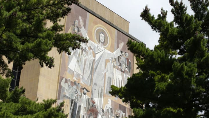 SOUTH BEND, IN - SEPTEMBER 19: General view of the Theodore Hesburgh Library, also known as Touchdown Jesus, prior to the game between the Georgia Tech Yellow Jackets and Notre Dame Fighting Irish at Notre Dame Stadium on September 19, 2015 in South Bend, Indiana. Notre Dame defeated Georgia Tech 30-22. (Photo by Joe Robbins/Getty Images)
