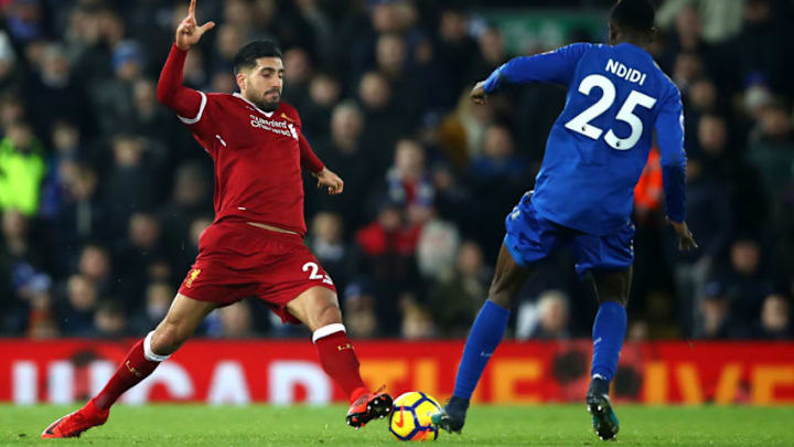 LIVERPOOL, ENGLAND - DECEMBER 30: Emre Can of Liverpool and Wilfred Ndidi of Leicester City battle for possession during the Premier League match between Liverpool and Leicester City at Anfield on December 30, 2017 in Liverpool, England. (Photo by Clive Brunskill/Getty Images)