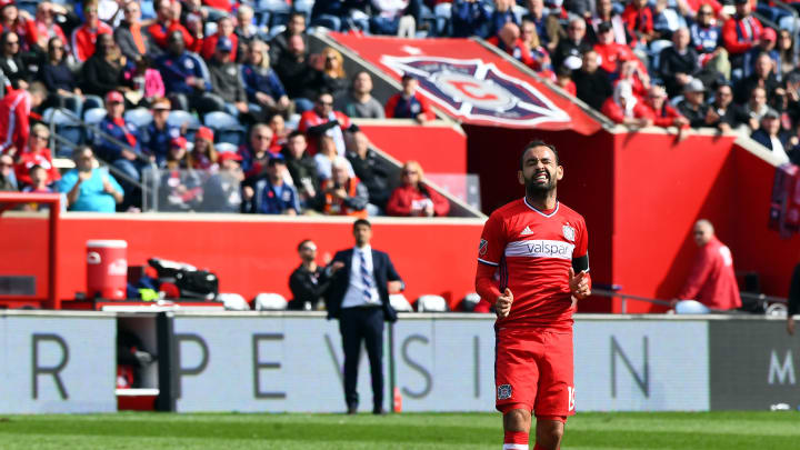 Apr 1, 2017; Chicago, IL, USA; Chicago Fire midfielder Juninho (19) reacts after missing a shot against the Montreal Impact during the second half at Toyota Park. The Chicago Fire and Montreal Impact game ends in a draw 2-2. Mandatory Credit: Mike DiNovo-USA TODAY Sports
