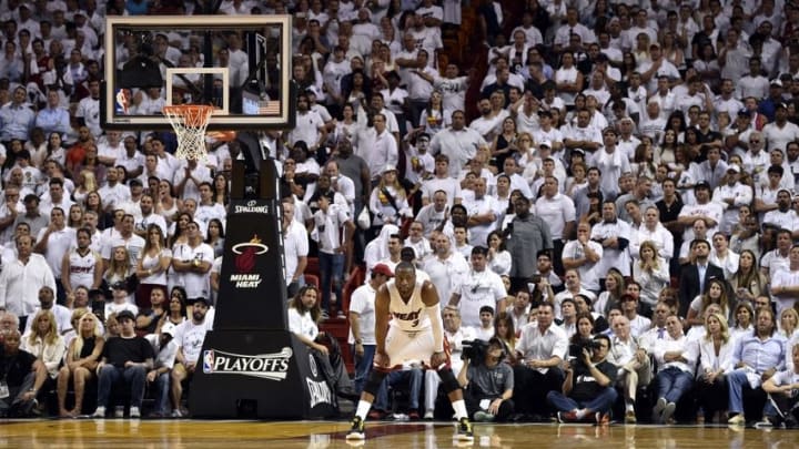 May 9, 2016; Miami, FL, USA; Miami Heat guard Dwyane Wade (3) takes a breather during the fourth quarter in game four of the second round of the NBA Playoffs against the Toronto Raptors at American Airlines Arena. The Heat won in overtime 94-87. Mandatory Credit: Steve Mitchell-USA TODAY Sports