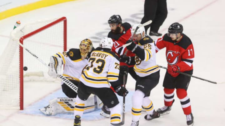 Jan 14, 2021; Newark, New Jersey, USA; New Jersey Devils defenseman Ty Smith (24) (not shown) scores his first NHL goal during the third period of their game against the Boston Bruins at Prudential Center. Mandatory Credit: Ed Mulholland-USA TODAY Sports