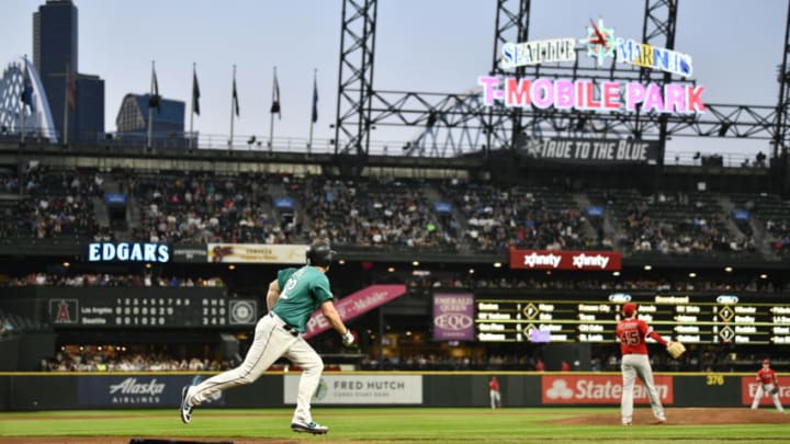 SEATTLE, WA - MAY 31: Jay Bruce #32 of the Seattle Mariners hits a home run against the Los Angeles Angels at T-Mobile Park on Friday, May 31, 2019 in Seattle, Washington. (Photo by Rod Mar/MLB Photos via Getty Images)