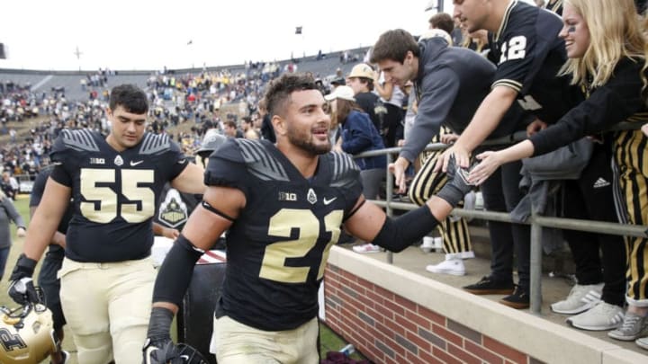 WEST LAFAYETTE, IN - SEPTEMBER 22: Markus Bailey #21 of the Purdue Boilermakers celebrates with fans after the game against the Boston College Eagles at Ross-Ade Stadium on September 22, 2018 in West Lafayette, Indiana. Purdue won 30-13. (Photo by Joe Robbins/Getty Images)