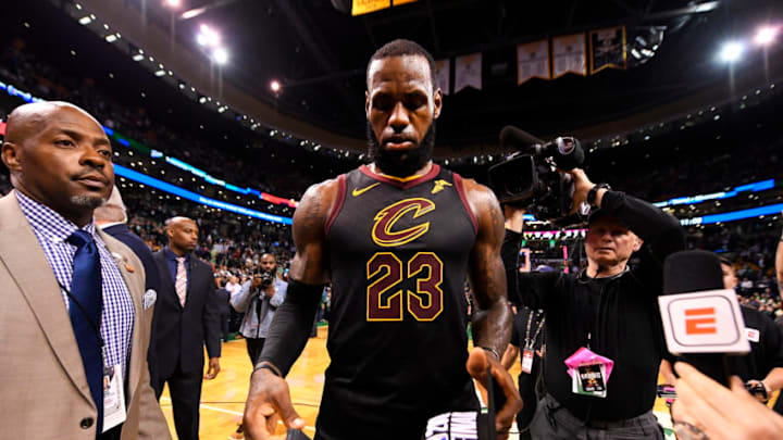 BOSTON, MA - MAY 27: LeBron James #23 of the Cleveland Cavaliers exits the court after the Cleveland Cavaliers win the game 87-79 during Game Seven of the Eastern Conference Finals of the 2018 NBA Playoffs between the Cleveland Cavaliers and Boston Celtics on May 27, 2018 at the TD Garden in Boston, Massachusetts. NOTE TO USER: User expressly acknowledges and agrees that, by downloading and or using this photograph, User is consenting to the terms and conditions of the Getty Images License Agreement. Mandatory Copyright Notice: Copyright 2018 NBAE (Photo by Brian Babineau/NBAE via Getty Images)