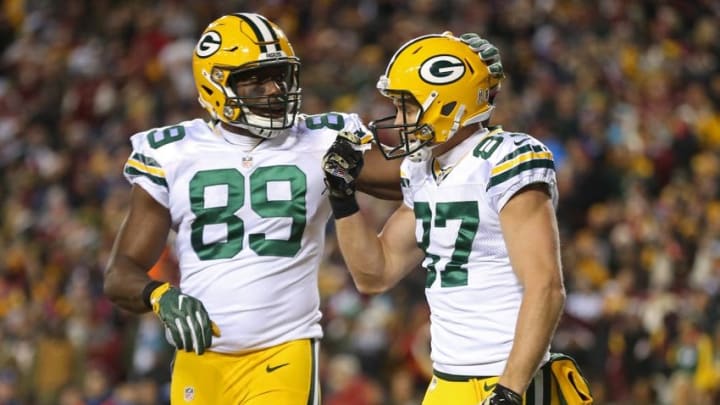 Nov 20, 2016; Landover, MD, USA; Green Bay Packers wide receiver Jordy Nelson (87) celebrates with Packers tight end Jared Cook (89) after catching a touchdown pass against the Washington Redskins in the second quarter at FedEx Field. Mandatory Credit: Geoff Burke-USA TODAY Sports