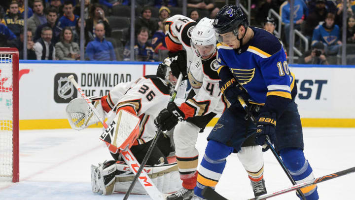 ST. LOUIS, MO. - JANUARY 13: St. Louis Blues center Brayden Schenn (10) and Anaheim Ducks defenseman Hampus Lindholm (47) go after a loose puck in front of the Anaheim goal during a NHL game between the Anaheim Ducks and the St. Louis Blues on January 13, 2020, at Enterprise Center, ISt. Louis, Mo. Photo by Keith Gillett/Icon Sportswire via Getty Images)