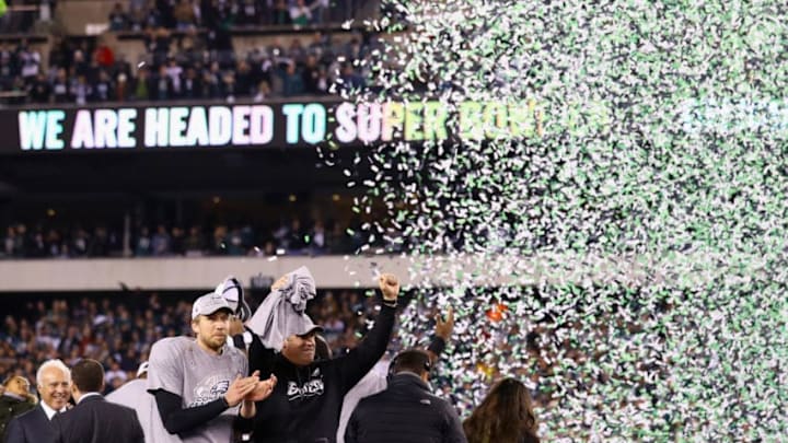 PHILADELPHIA, PA - JANUARY 21: Head coach Doug Pederson and Nick Foles #9 of the Philadelphia Eagles celebrate their teams win over the Minnesota Vikings in the NFC Championship game at Lincoln Financial Field on January 21, 2018 in Philadelphia, Pennsylvania. The Philadelphia Eagles defeated the Minnesota Vikings 38-7. (Photo by Rob Carr/Getty Images)