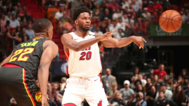 MIAMI, FL – APRIL 3: Justise Winslow #20 of the Miami Heat passes the ball against the Atlanta Hawks on April 3, 2018 at American Airlines Arena in Miami, Florida. NOTE TO USER: User expressly acknowledges and agrees that, by downloading and/or using this photograph, user is consenting to the terms and conditions of the Getty Images License Agreement. Mandatory Copyright Notice: Copyright 2018 NBAE (Photo by Issac Baldizon/NBAE via Getty Images)