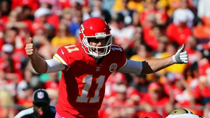 Oct 23, 2016; Kansas City, MO, USA; Kansas City Chiefs quarterback Alex Smith (11) signals his team during the second half against the New Orleans Saints at Arrowhead Stadium. The Chiefs won 27-21. Mandatory Credit: Jeff Curry-USA TODAY Sports