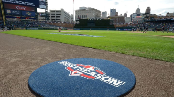 DETROIT, MI - OCTOBER 07: A general view of the special Postseason logos displayed on the field prior to Game Two of the American League Division Series between the Detroit Tigers and the Oakland Athletics at Comerica Park on October 7, 2012 in Detroit, Michigan. The Tigers defeated the A's 5-4. (Photo by Mark Cunningham/MLB Photos via Getty Images)