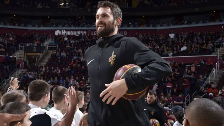 CLEVELAND, OH - MARCH 22: Kevin Love #0 of the Cleveland Cavaliers smiles before the game against the LA Clippers on March 22, 2019 at Quicken Loans Arena in Cleveland, Ohio. NOTE TO USER: User expressly acknowledges and agrees that, by downloading and/or using this Photograph, user is consenting to the terms and conditions of the Getty Images License Agreement. Mandatory Copyright Notice: Copyright 2019 NBAE (Photo by David Liam Kyle/NBAE via Getty Images)