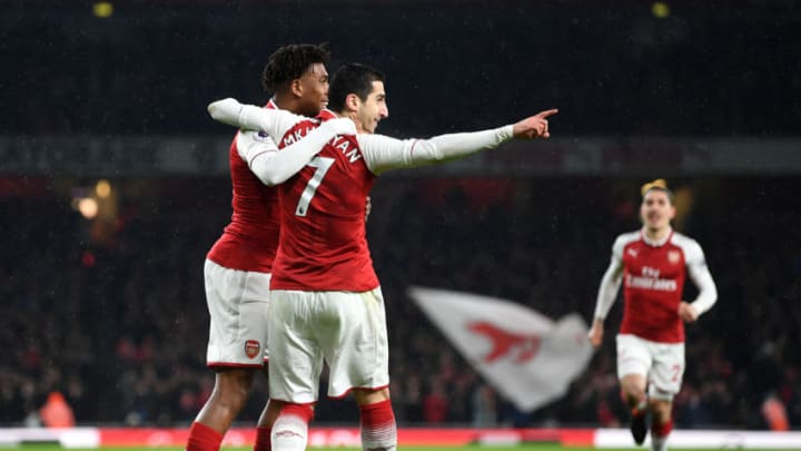 LONDON, ENGLAND - FEBRUARY 03: Henrikh Mkhitaryan of Arsenal and Alex Iwobi of Arsenal celebrate their sides first goal during the Premier League match between Arsenal and Everton at Emirates Stadium on February 3, 2018 in London, England. (Photo by Michael Regan/Getty Images)