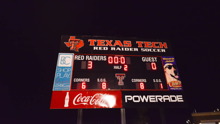 The scoreboard shows the final score of the first round match of the 2013 NCAA Soccer Championship between the Minnesota Golden Gophers and the Texas Tech Red Raiders on November 15, 2013 at the John Walker Soccer Complex in Lubbock, Texas. Texas Tech won the match 3-0. (Photo by John Weast/Getty Images)