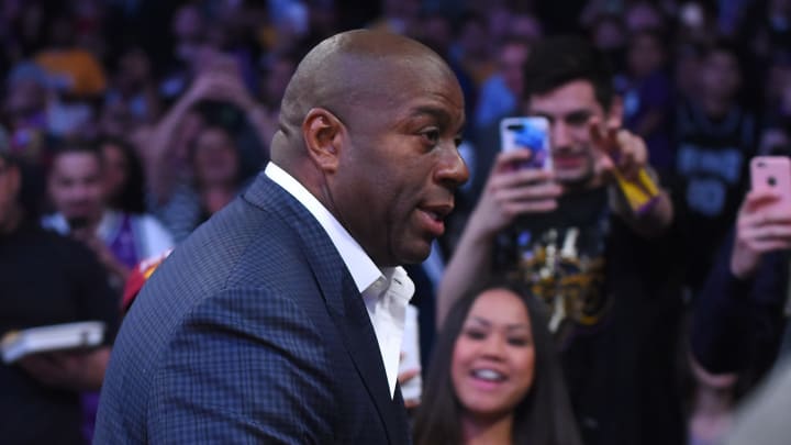 Apr 7, 2017; Los Angeles, CA, USA; Magic Johnson, Los Angeles Lakers president for basketball operations acknowledges the fans as he attends the game against the Sacramento Kings at Staples Center. Lakers won 98-94. Mandatory Credit: Jayne Kamin-Oncea-USA TODAY Sports