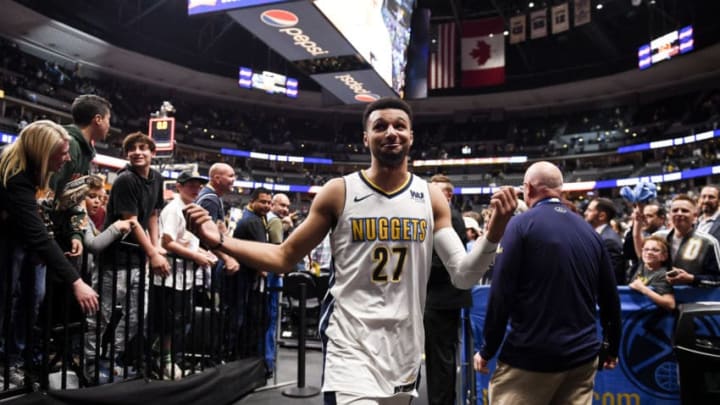 DENVER, CO - APRIL 9: Jamal Murray (27) of the Denver Nuggets smiles as he walks off the court after the second half of the Nuggets' 88-82 win over the Portland Trail Blazers on Monday, April 9, 2018. (Photo by AAron Ontiveroz/The Denver Post via Getty Images)