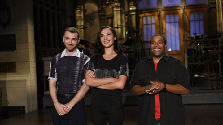 SATURDAY NIGHT LIVE -- Episode 1727 -- Pictured: (l-r) Musical Guest Sam Smith, Host Actress Gal Gadot, and Kenan Thompson during a promo in Studio 8H -- (Photo by: Rosalind O'Connor/NBC/NBCU Photo Bank via Getty Images)