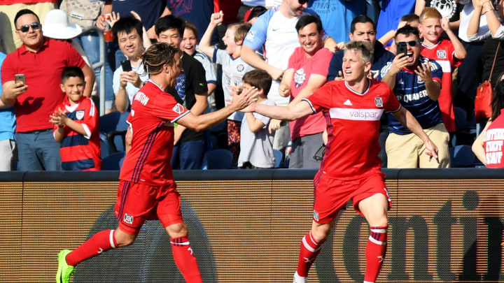 Apr 15, 2017; Chicago, IL, USA; Chicago Fire midfielder Bastian Schweinsteiger (right) celebrates his goal with defender Michael Harrington (left) in the first half against the New England Revolution at Toyota Park. Mandatory Credit: Patrick Gorski-USA TODAY Sports
