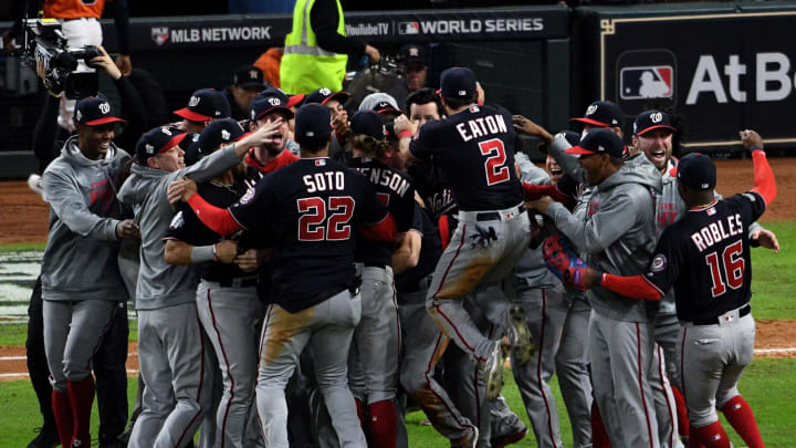 HOUSTON, TX – OCTOBER 30: The Washington Nationals celebrate after the Nationals defeat the Houston Astros in Game 7 to win the 2019 World Series at Minute Maid Park on Wednesday, October 30, 2019 in Houston, Texas. (Photo by Loren Elliott/MLB Photos via Getty Images)