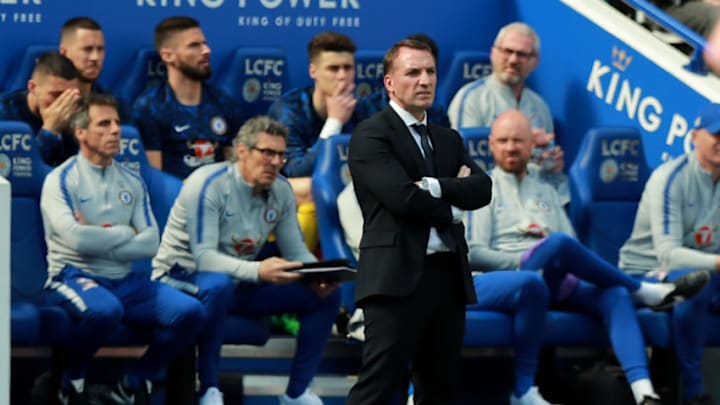 LEICESTER, ENGLAND - MAY 12: Brendan Rodgers, the Leicester City manager looks on during the Premier League match between Leicester City and Chelsea FC at The King Power Stadium on May 12, 2019 in Leicester, United Kingdom. (Photo by David Rogers/Getty Images)