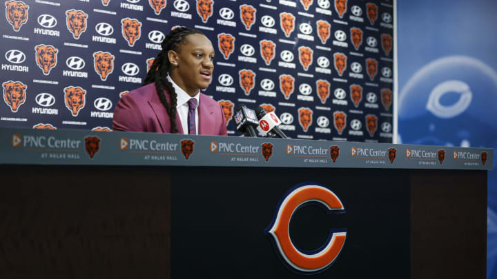 Mar 16, 2023; Lake Forest, IL, USA; Chicago Bears linebacker Tremaine Edmunds speaks during a press conference at Halas Hall. Mandatory Credit: Kamil Krzaczynski-USA TODAY Sports