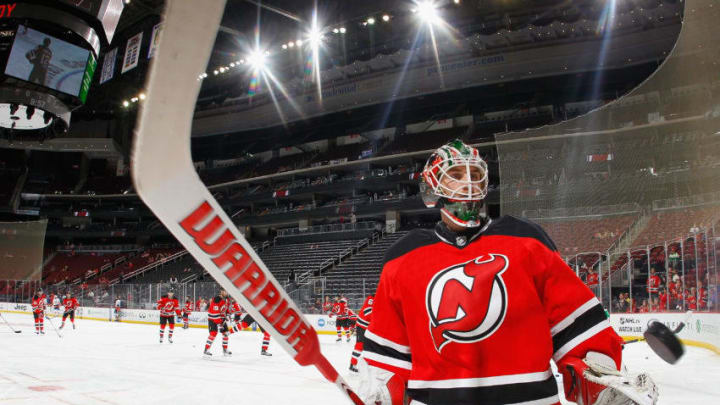 NEWARK, NJ - OCTOBER 05: Scott Wedgewood #31 of the New Jersey Devils skates in warm-ups prior to the game against the New York Islanders at the Prudential Center on October 5, 2016 in Newark, New Jersey. (Photo by Bruce Bennett/Getty Images)