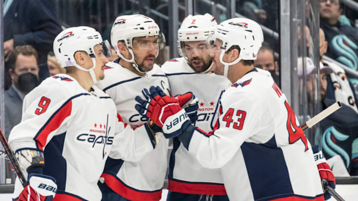 Dmitry Orlov, Justin Schultz, Tom Wilson, Alex Ovechkin, Washington Capitals Mandatory Credit: Stephen Brashear-USA TODAY Sports