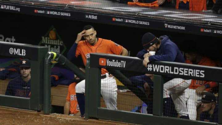 HOUSTON, TEXAS - OCTOBER 30: Carlos Correa #1 of the Houston Astros looks on against the Washington Nationals during the ninth inning in Game Seven of the 2019 World Series at Minute Maid Park on October 30, 2019 in Houston, Texas. (Photo by Bob Levey/Getty Images)
