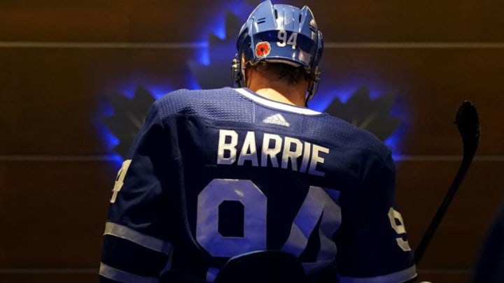 TORONTO, ON - NOVEMBER 9: Toronto Maple Leafs defenseman Tyson Barrie #94 returns to the locker room after the first period against the Philadelphia Flyers at the Scotiabank Arena on November 9, 2019 in Toronto, Ontario, Canada. (Photo by Kevin Sousa/NHLI via Getty Images)