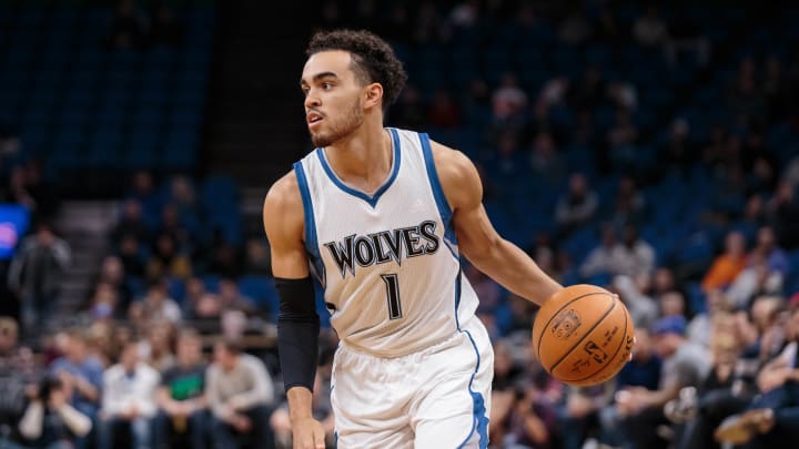 Oct 19, 2016; Minneapolis, MN, USA; Minnesota Timberwolves guard Tyus Jones (1) dribbles in the third quarter against the Memphis Grizzlies at Target Center. The Minnesota Timberwolves beat the Memphis Grizzlies 101-94. Mandatory Credit: Brad Rempel-USA TODAY Sports