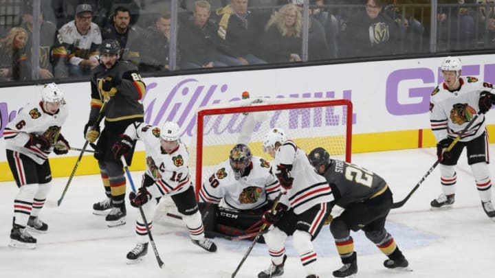 LAS VEGAS, NV - NOVEMBER 13: Chicago Blackhawks center Jonathan Toews (19) skates away with the puck during a regular season game against the Vegas Golden Knights Wednesday, Nov. 13, 2019, at T-Mobile Arena in Las Vegas, Nevada. (Photo by: Marc Sanchez/Icon Sportswire via Getty Images)