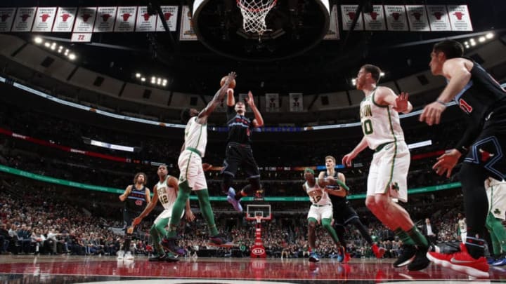 CHICAGO, IL - FEBRUARY 23: Zach LaVine #8 of the Chicago Bulls shoots the ball against the Boston Celtics on February 23, 2019 at United Center in Chicago, Illinois. NOTE TO USER: User expressly acknowledges and agrees that, by downloading and or using this photograph, User is consenting to the terms and conditions of the Getty Images License Agreement. Mandatory Copyright Notice: Copyright 2019 NBAE (Photo by Jeff Haynes/NBAE via Getty Images)