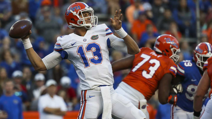 Apr 7, 2017; Gainesville, FL, USA; Florida Gators quarterback Feleipe Franks (13) throws a pass during the orange and blue debut at Ben Hill Griffin Stadium. Mandatory Credit: Logan Bowles-USA TODAY Sports