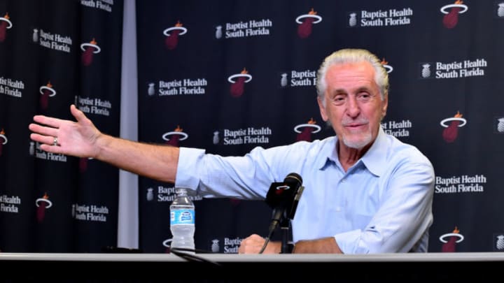 Miami Heat president Pat Riley address reporters during a press conference (Steve Mitchell-USA TODAY Sports)
