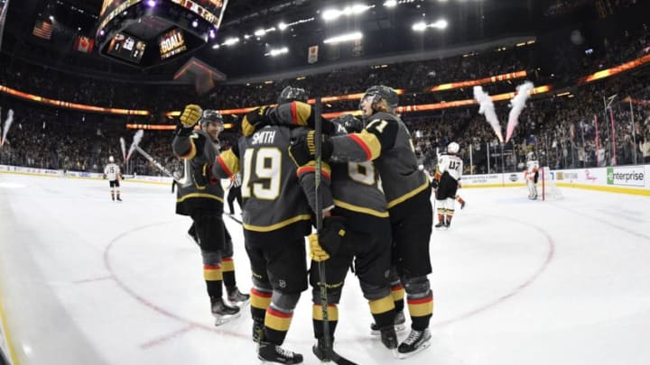 LAS VEGAS, NEVADA - DECEMBER 31: Reilly Smith #19 of the Vegas Golden Knights celebrates after scoring a goal during the second period against the Anaheim Ducks at T-Mobile Arena on December 31, 2019 in Las Vegas, Nevada. (Photo by Jeff Bottari/NHLI via Getty Images)