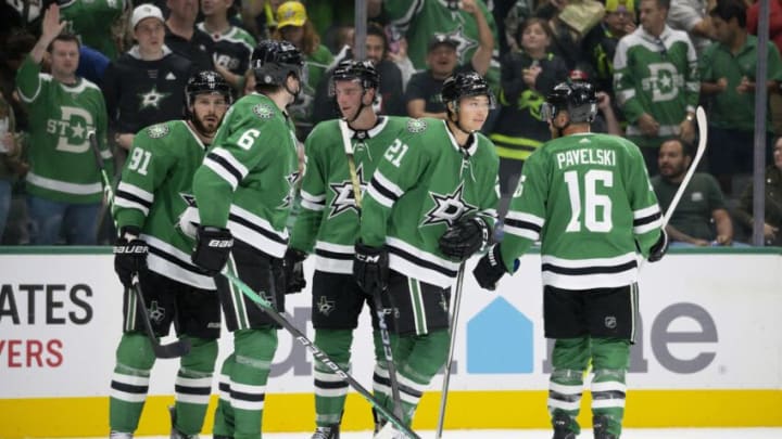 Oct 3, 2023; Dallas, Texas, USA; Dallas Stars defenseman Lian Bichsel (6) and left wing Jason Robertson (21) and center Joe Pavelski (16) and center Tyler Seguin (91) and defenseman Thomas Harley (55) celebrates a goal scored by Robertson against the Colorado Avalanche during the second period at the American Airlines Center. Mandatory Credit: Jerome Miron-USA TODAY Sports