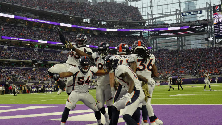 MINNEAPOLIS, MINNESOTA – NOVEMBER 17: The Denver Broncos celebrate a fumble recovery in the endzone against the Minnesota Vikings in the second quarter at U.S. Bank Stadium on November 17, 2019 in Minneapolis, Minnesota. (Photo by Adam Bettcher/Getty Images)